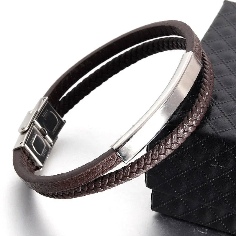 Wholesale Retro Genuine Braided Leather Bracelet 316L Stainless Steel Magnetic Bracelet Men With Engraving Butterfly Hardware