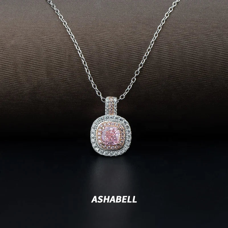 Luxurious S925 Silver Paraiba Pink Moissanite Princess Square Pendant Necklace Prong Setting for Party or Anniversary Fine Jewel
