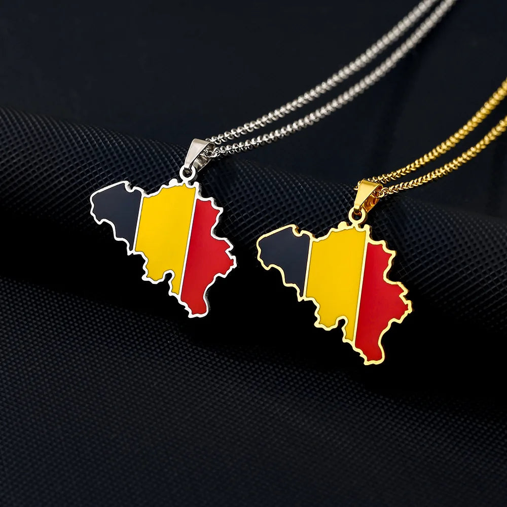 18K Gold Plated Stainless Steel Belgium National Flag Charm Link Chain Necklace Enameled Belgian Style Map Pendant Necklace