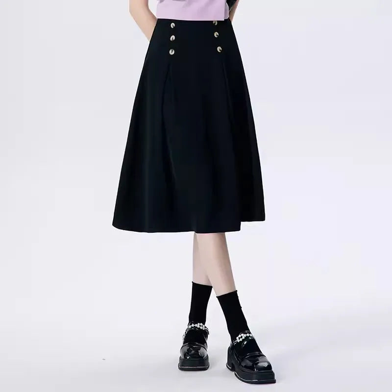 S-2XL Temperament Mid Length Skirt High Waisted Slimming A-line Skirt With a Haute Couture Half Skirt