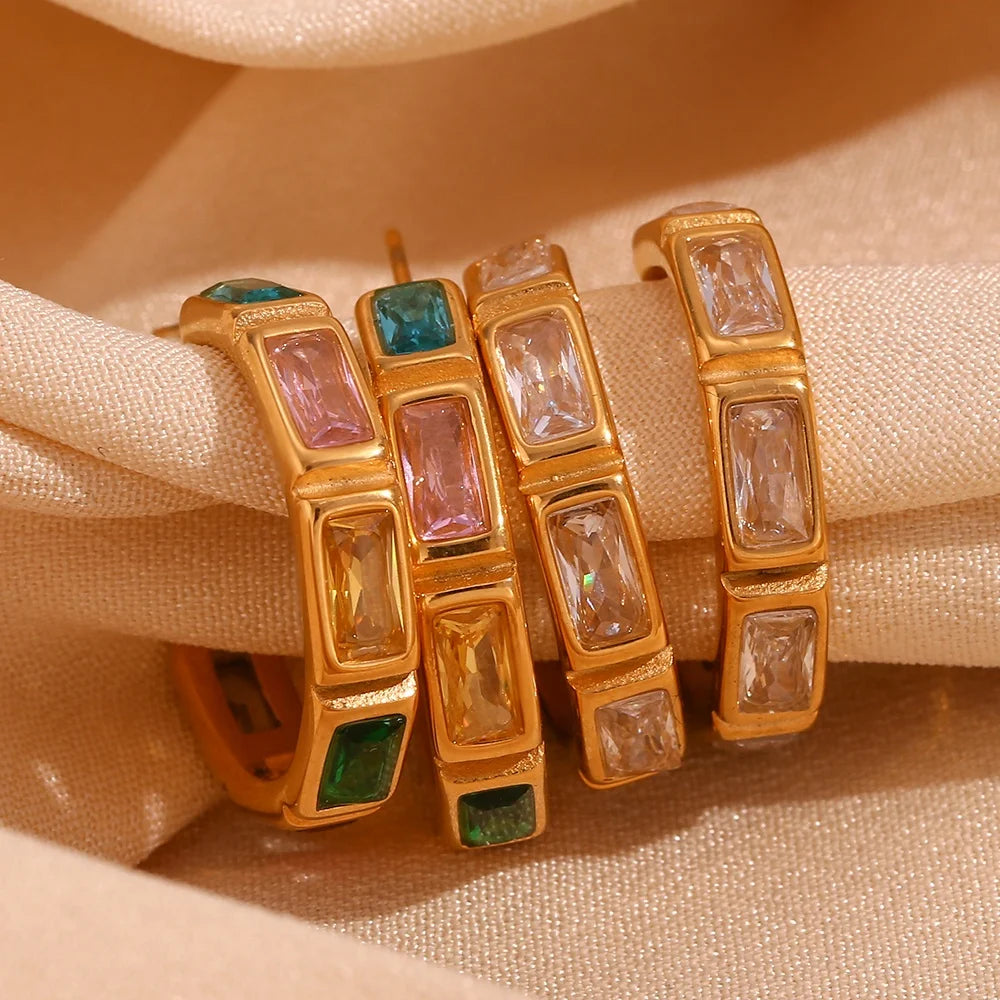 Dreamshow Colorful Zircon Bamboo Design Hoop Earring Gold Plated Stainless Steel Women Jewelry Joyeria De Acero Inoxidable