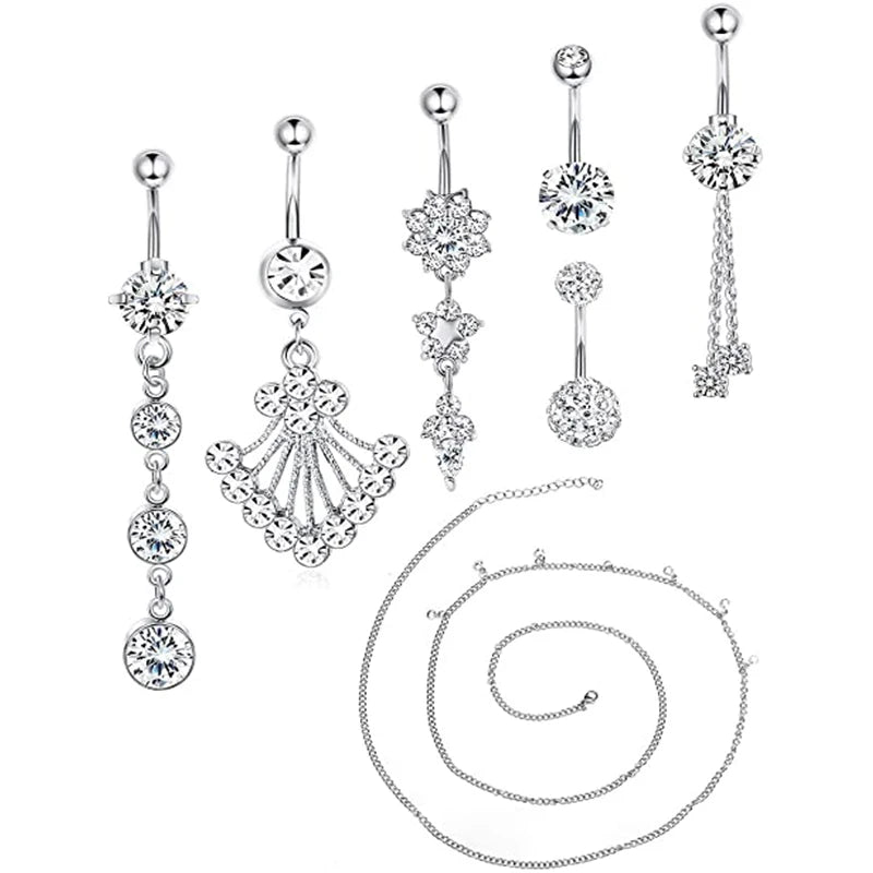 Set 6-8pcs 14G Stainless Steel Trendy Wedding Body Piercing Jewelry Waist Belly Chain Navel Button Ring Zircon Stones Children's
