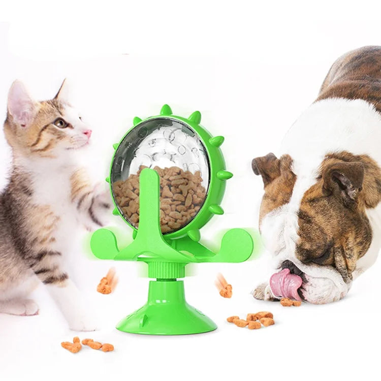 Automatic Cat Carousel Windmill Toy with Slow Food Spiller Elevated Pet Bowl for Water & Toy Teasing for Dogs & Cats
