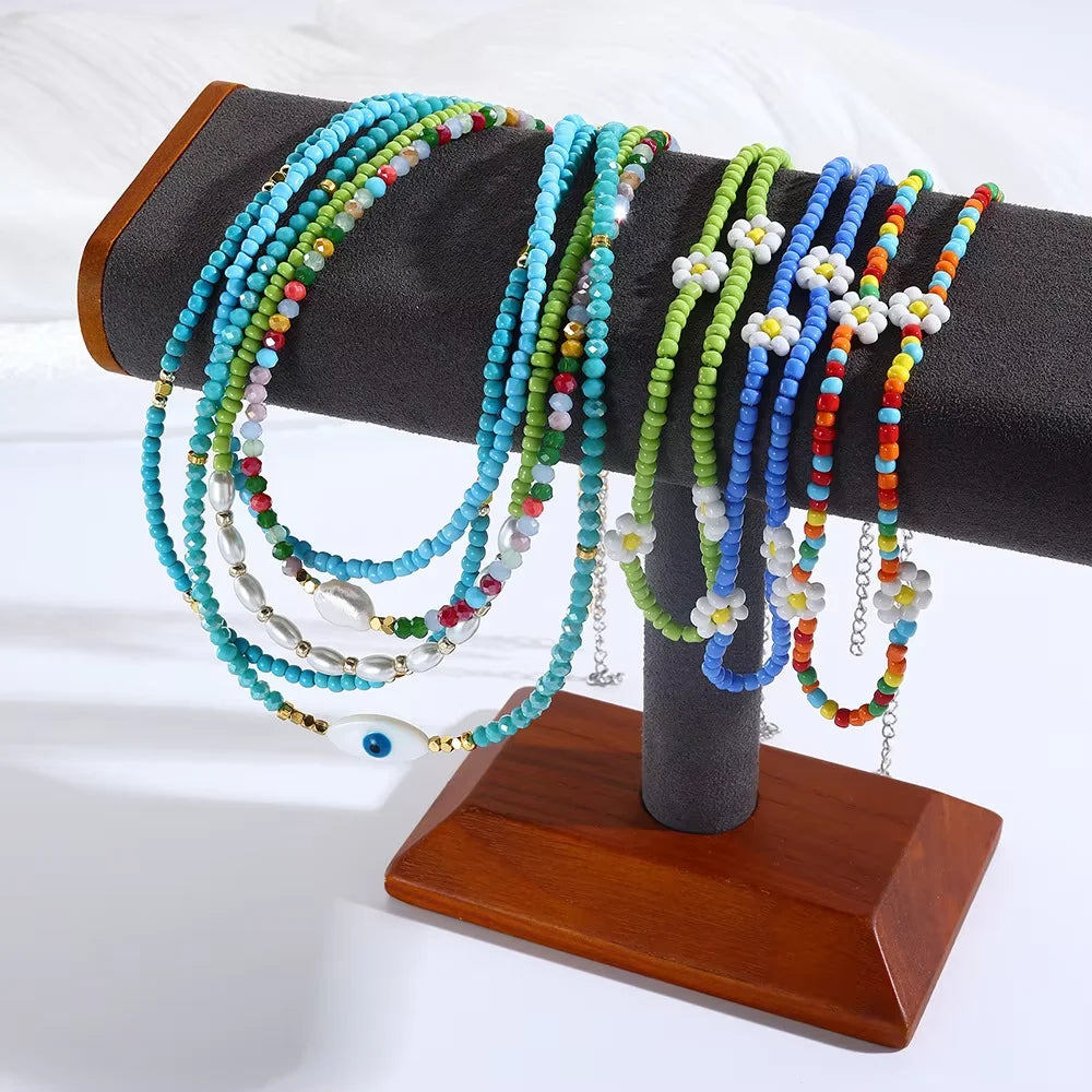 Bohemian Retro Ethnic Flower Necklace Bracelet Rice Beads Imitation Pearl Eyes Daisy Layered Collarbone Chain Women