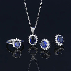 Princess Blue Sapphire Pendant Earring and Necklace Set Princess Diana Kate Middleton's Women Fine Jewelry Sets De Oro Laminado