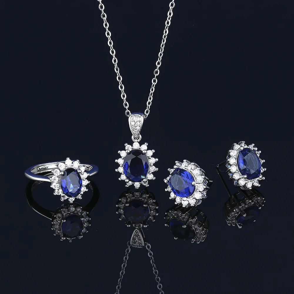 Princess Blue Sapphire Pendant Earring and Necklace Set Princess Diana Kate Middleton's Women Fine Jewelry Sets De Oro Laminado
