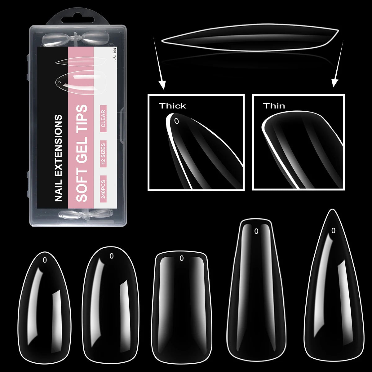 240-Piece Almond Stiletto Nail Art Set Boxed Fake Nails French Style No Trace Smooth Curvature Comfortable Finger Extension