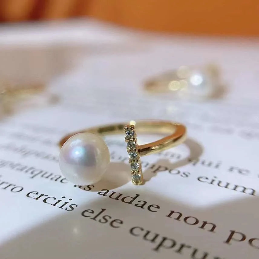 Open Universal Ring with 18K Gold Plated Balance Beam 6-7MM Natural High Quality Freshwater Pearl for Engagement Wedding Gift