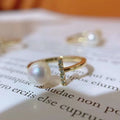 Open Universal Ring with 18K Gold Plated Balance Beam 6-7MM Natural High Quality Freshwater Pearl for Engagement Wedding Gift