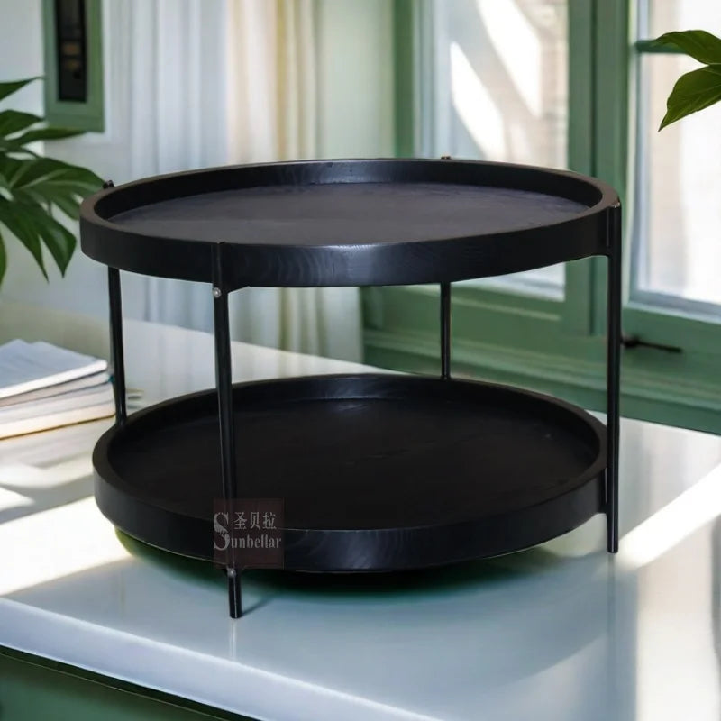 Modern Solid Wood Coffee Table Living Room 2 Tiers Black Metal Iron Handmade Easy Clean Furniture Leisure Accent Center Table