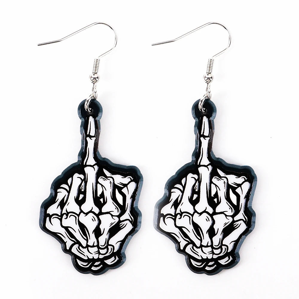 2024 Wholesale Personality Middle Finger Juvenile Finger Skull Punk Party Acrylic Drop Earrings for Men Women