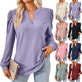 Wholesale Solid Color V Collar Jacquard Long Sleeve Loose T Shirt Women's T-shirt
