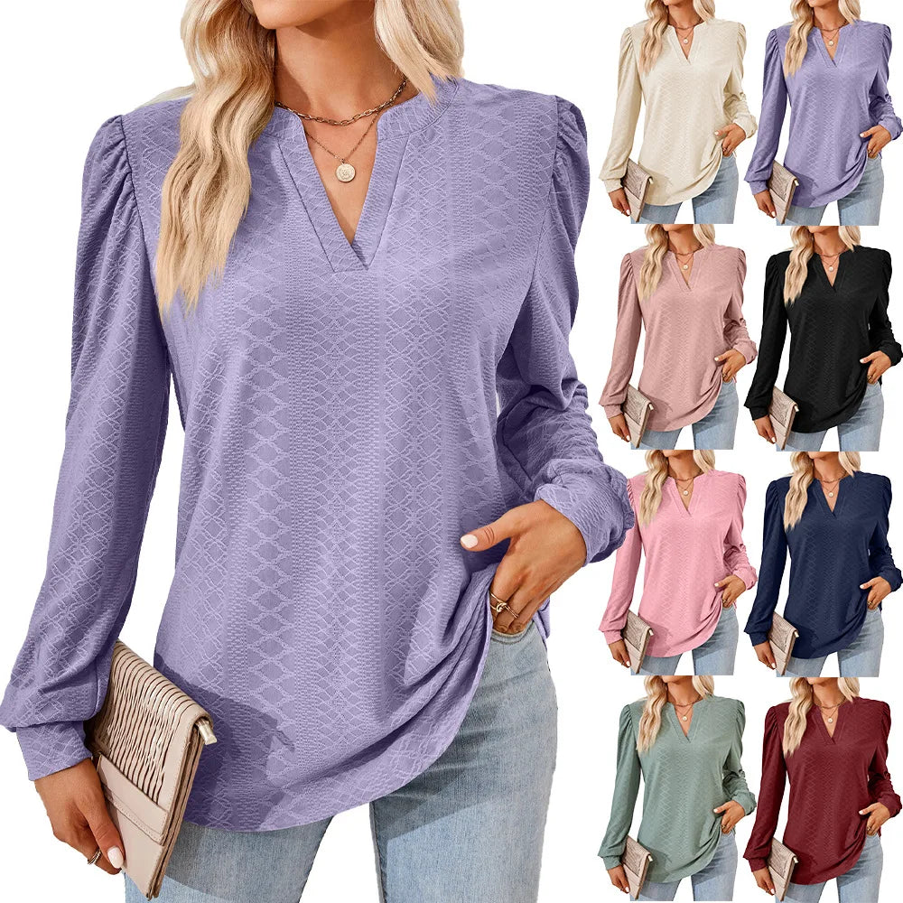 Wholesale Solid Color V Collar Jacquard Long Sleeve Loose T Shirt Women's T-shirt