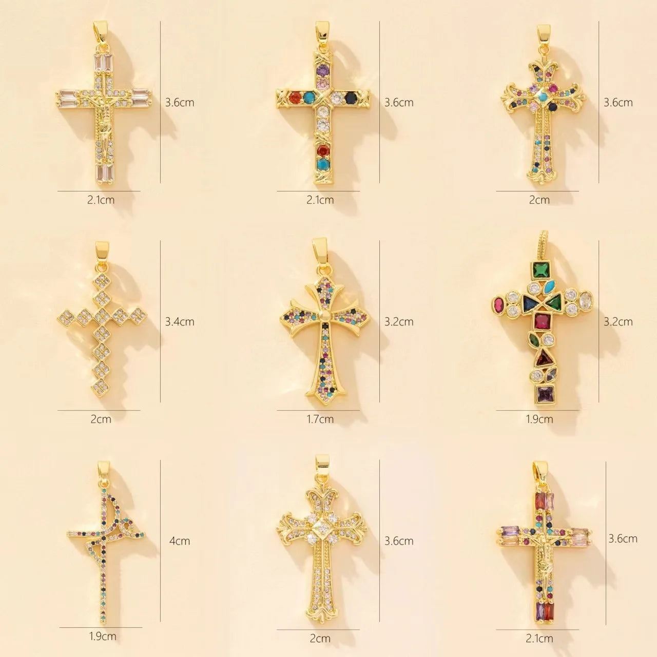 Luxury Copper Gold Plated Shiny Multicolor Cubic Zircon Accessories Unique Multi-Style Gold Cross Pendant for Jewelry Making