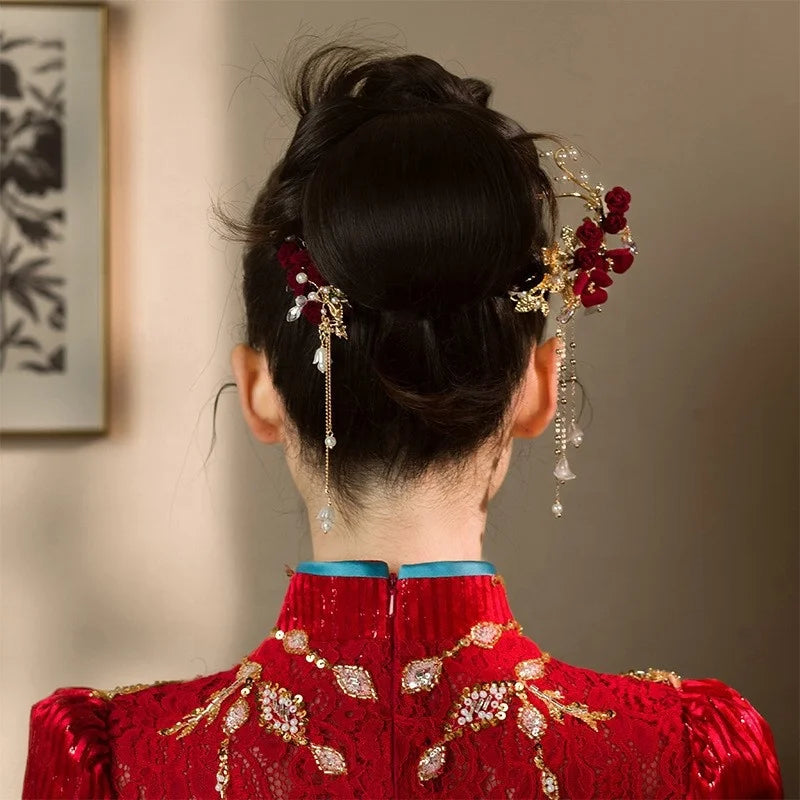 Fashion Decorative Women Hair Accessories Wedding Hairpin Red Flower Pearls Bridal Hair Clip