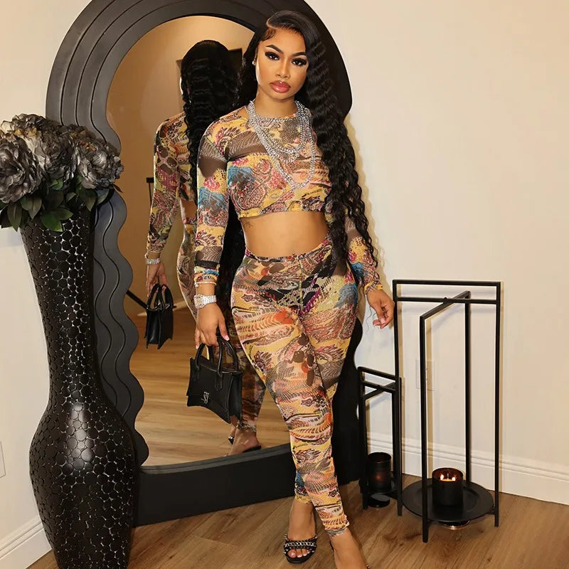 Fall Winter 2024 Retro Print Two Piece Set Women Pattern Printing Long Sleeve Crop Tops Pants Suit
