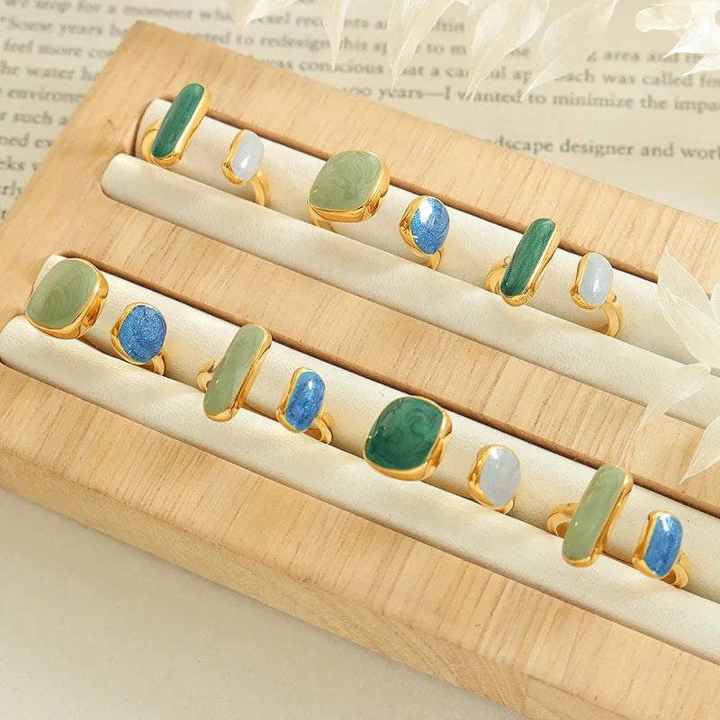 New Style Hot Sale Gold Plated Stainless Steel Jewelry Personality Design Adjustable Rings Chunky Turquoise Gemstones Open Ring