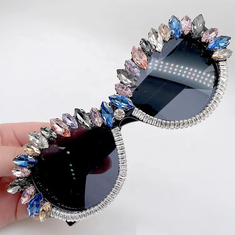 High End Big Oval Shades Oculos Colors Rhinestone Blingbling Frame Sun Glasses Fashion Luxury Diamond Cat Eye Sunglasses