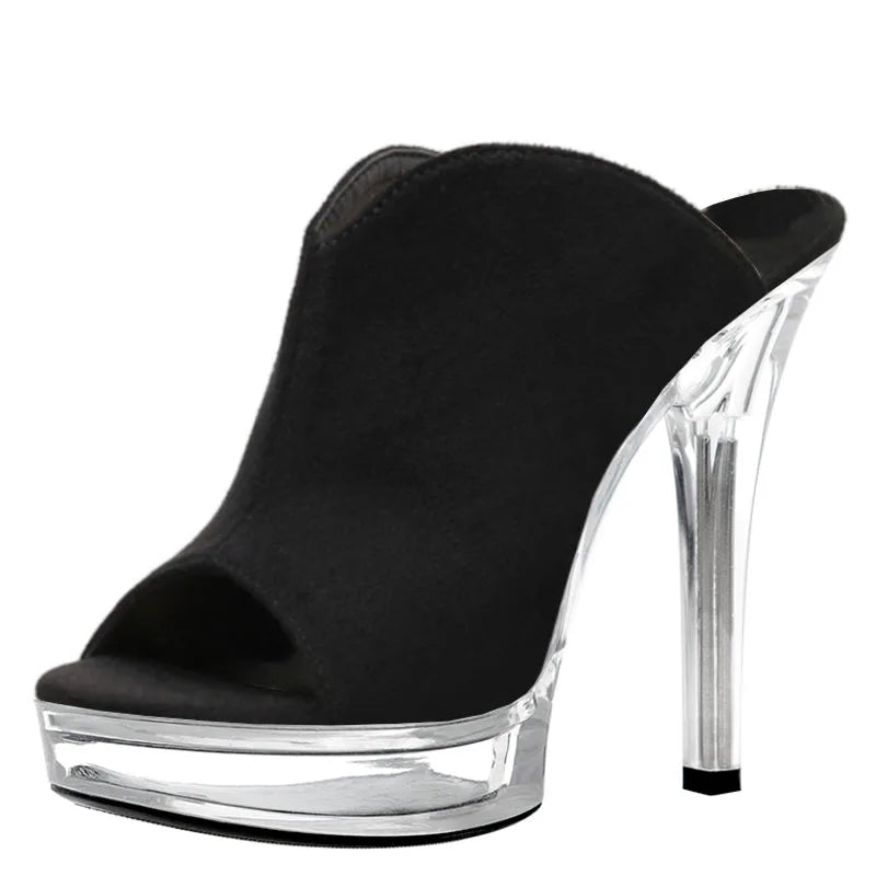 13cm Thin Heels Pole Dance Stripper Peep Toe Nightclub Black Flock Women's Gothic Bride Platform Slippers Retro Catwalk Models