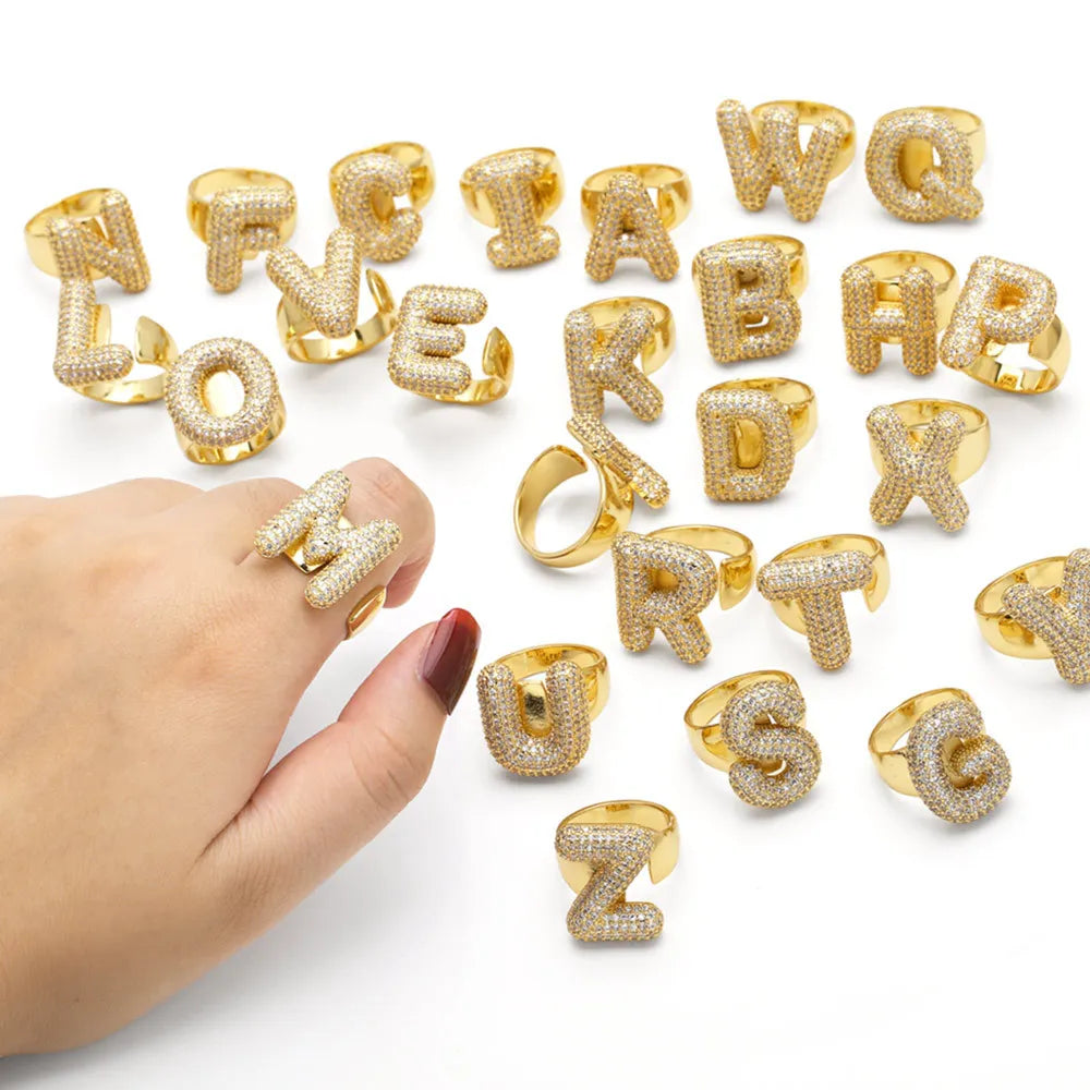 Fashion Trendy Copper Alloy Adjustable Bubble Balloon Initial Letter Rings for Women