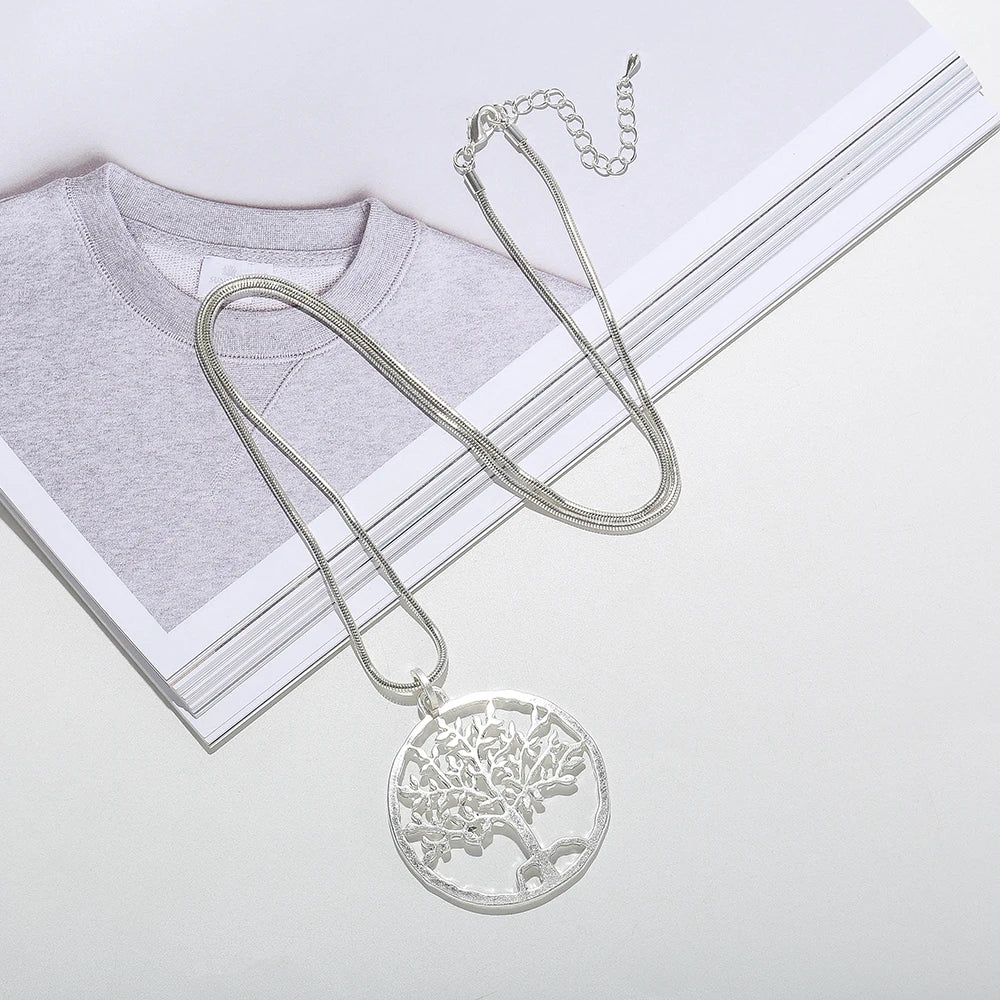 TongLing European Vintage Necklace Alloy Classic Retro Tree Shape Long Pendant Necklace for Women Daily Life
