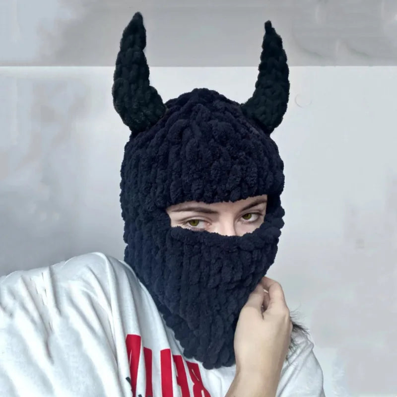 Knitted Crochet Custom Distressed Balaclava with Skull Winter Printed Bunny Ears Designer Fuzzy Tactical Skimask with Horns