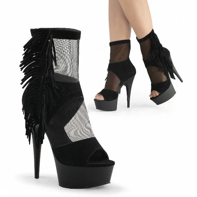 Fringe Nightclub 15cm Fish Models Mouth Thin Heel Black Short Boots Thick Bottom Platform Gladiator Fashion High Heels Women's