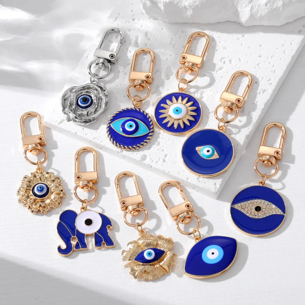 Blue Enamel Evil Eye Disc Charm Key Ring Alloy Cute Elephant Pendant Keychains for Bag Charm
