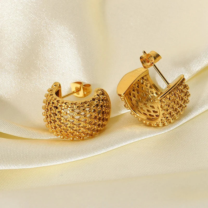 Funky Grid Stud Earrings Women Jewelry 18k Gold Plated Stainless Steel Small Chunky C Shape Hoop Earrings For Girls Trend