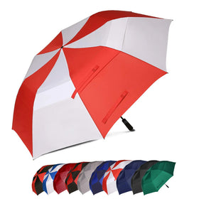 Wholesale Promotional Double Layer Red and White Windproof Sun Umbrella 2-Fold Folding Golf Umbrella With Display Stand Logo