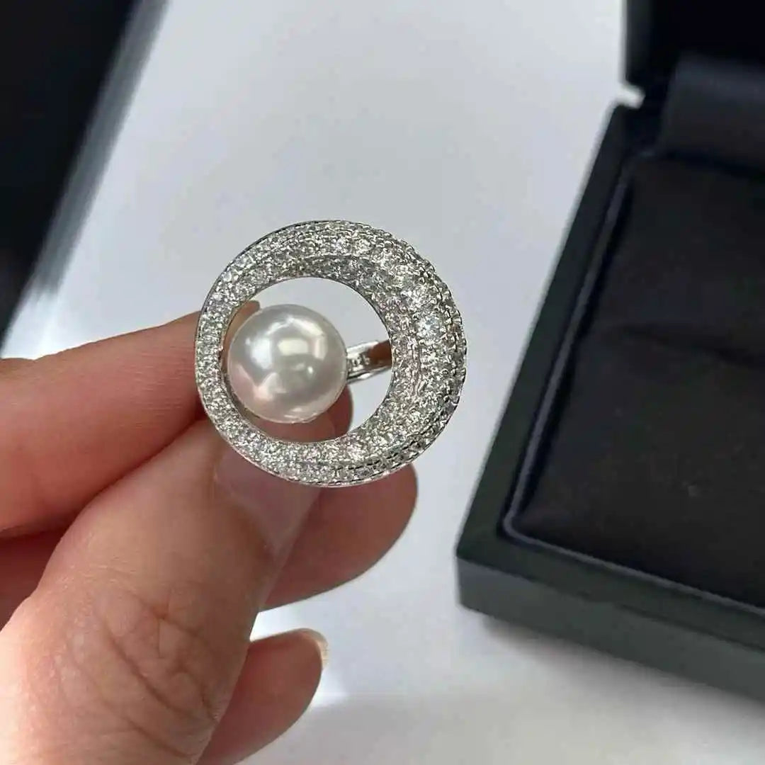 New Sparkling Full Diamond & Zircon Ring with Natural Freshwater Pearl Unlimited Finger Circumference Opening Design