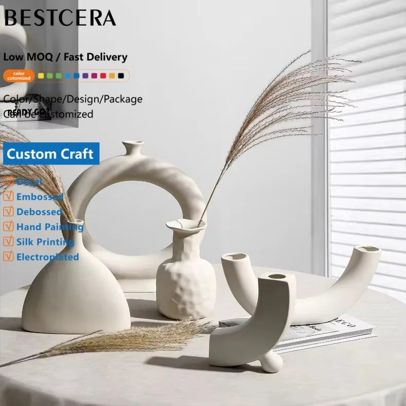 BESTCERA Hot Sales Round or Ceramic Flower Vase 4.5 Inch Ceramic White Pots Pottery Flower Hollow Oval Vase