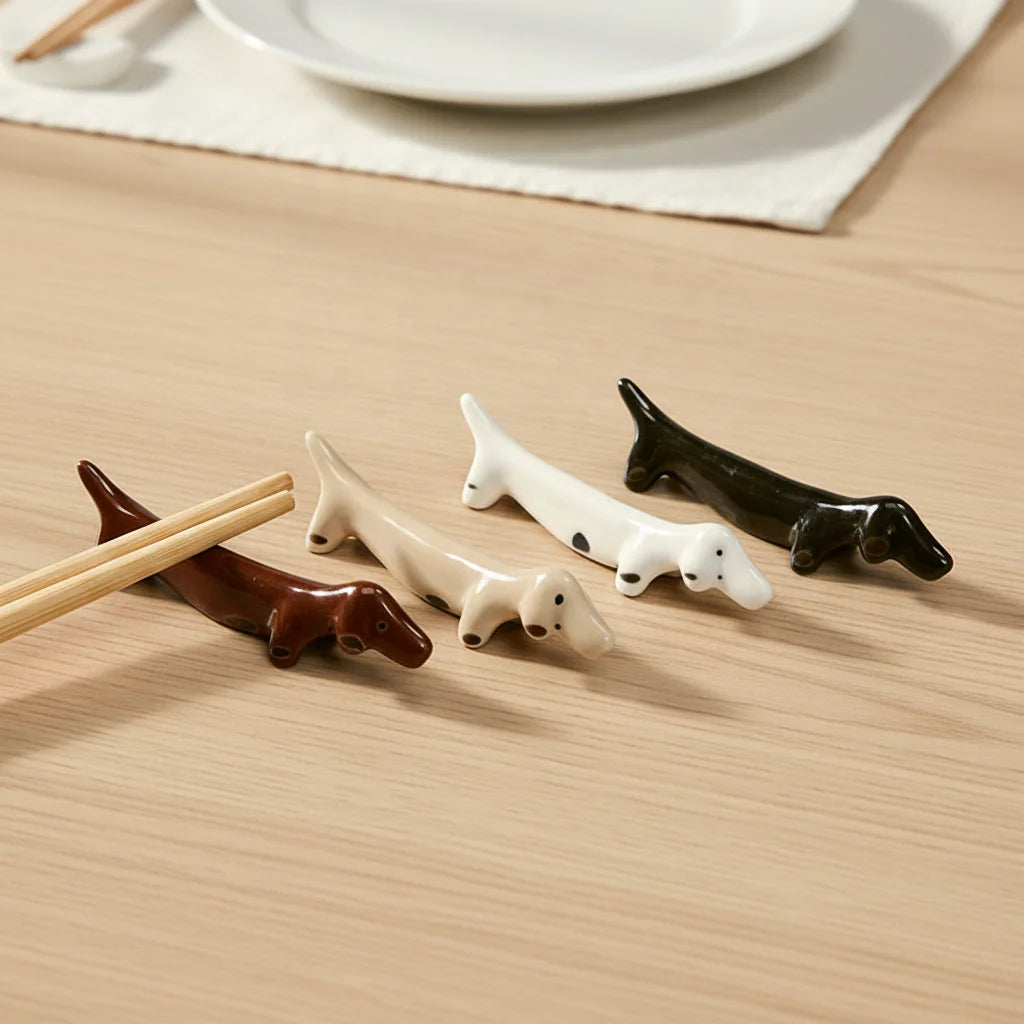 Japanese Style 4 Pieces Ceramic Chopstick Rest Tableware Spoon Fork and Chopstick Rest Stand Cartoon Dog Shape Chopstick Holder