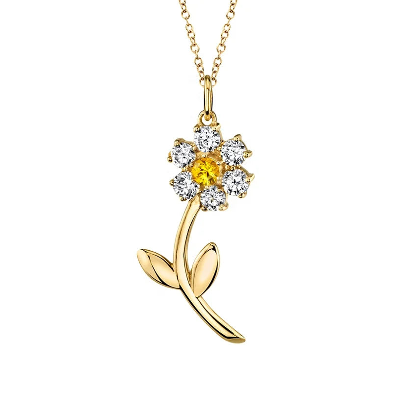 Gemnel Latest Trendy 925 Silver 18k Gold Cubic Zirconia Flower Pendant Necklace Women