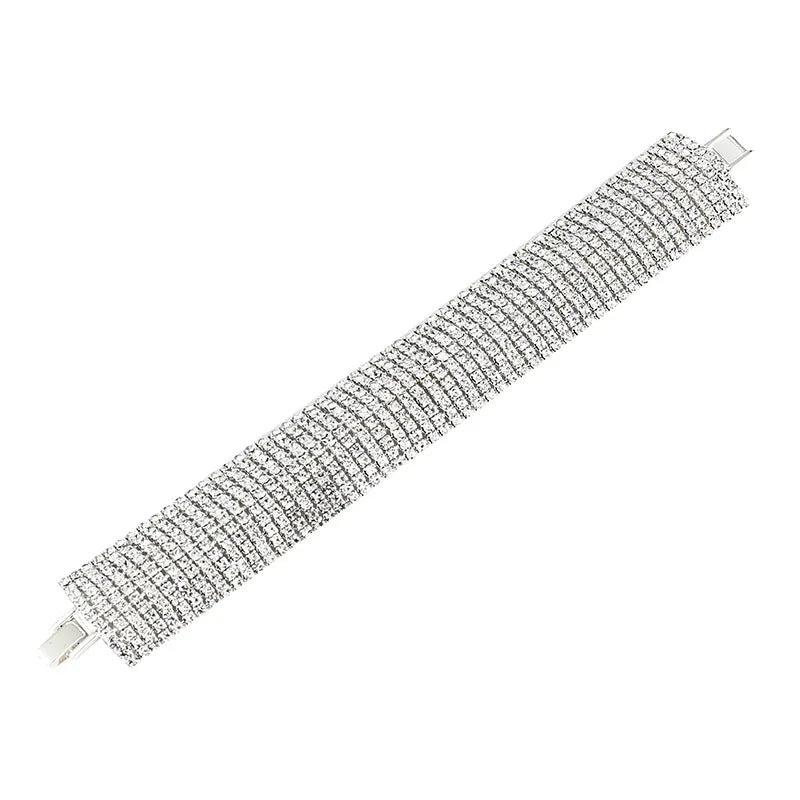 Women's Vintage Gold Plated Bracelet with 25mm Pave Rhinestone Line Fold-over Clasp for Social & Wedding Occasions Gift Idea