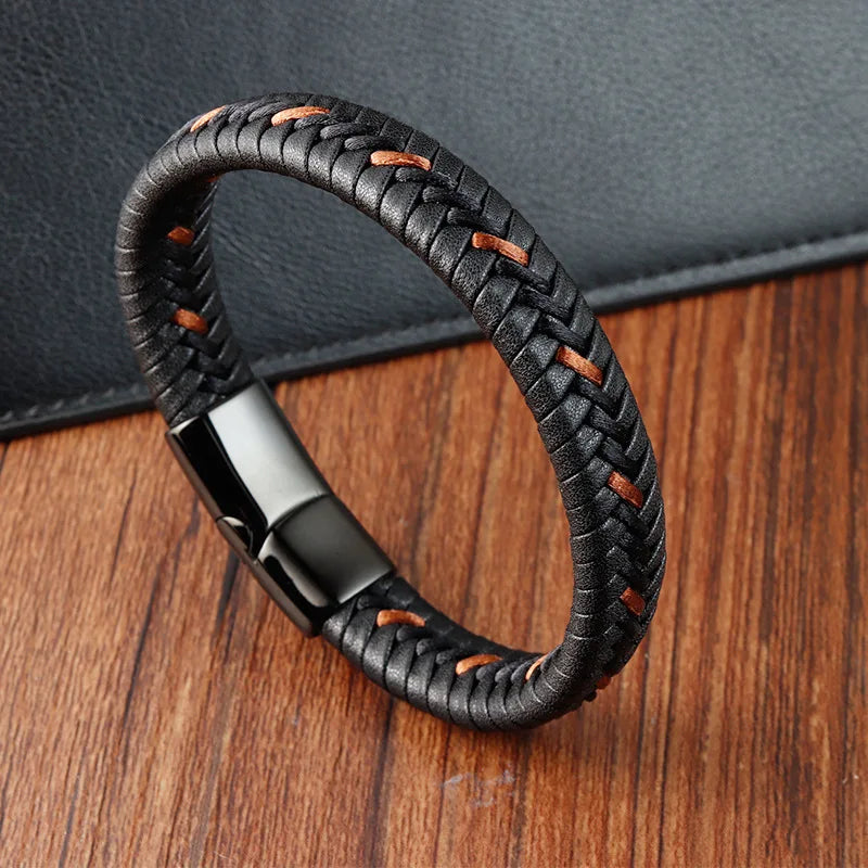 2023 Fashion Simple Mix Color Genuine Leather Bracelet Black Stainless Steel Buckle Men Leather Cuff Bracelet for Gifts