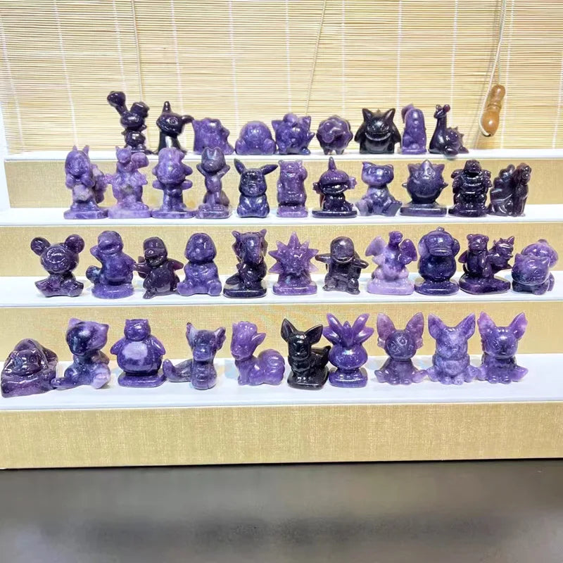 Hot Sales Natural Rose Quartz Pokemons Carvings Healing Stones Lepidolite Gengar Yellow Calcite Pikachu Carving for Gifts