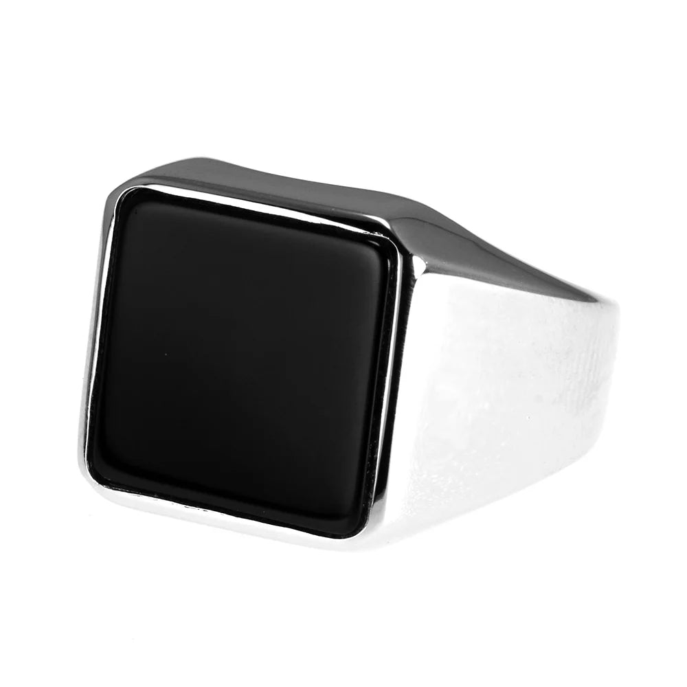 Solid 925 Sterling Silver Square Plain Ring for Men With Natural Black Agate Simple Rustic Flat Top Hallmarked Band Male Jewelry