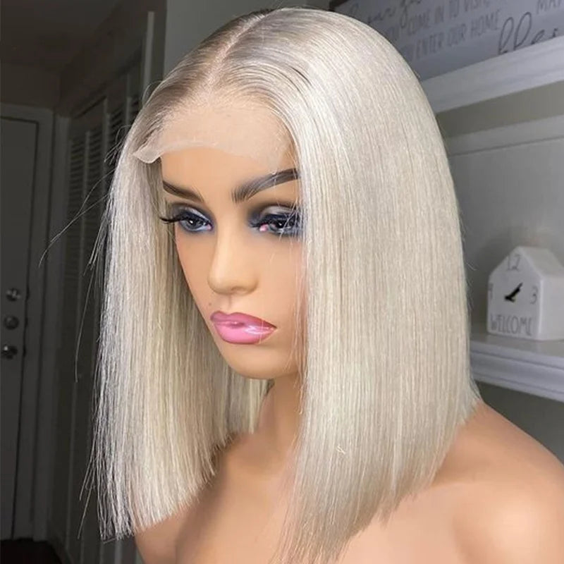 100% Human Virgin Hair Wholesale Platinum Blonde Short Straight Cut Bob 13*4 Lace Front Wig