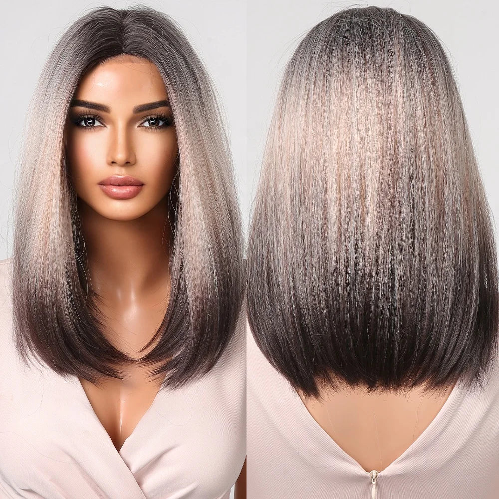 Front Lace Hairline Pink Ombre Brown Short Straight Synthetic Lace Wigs Natural Hairline Lace Wigs for Women Daily False Hair