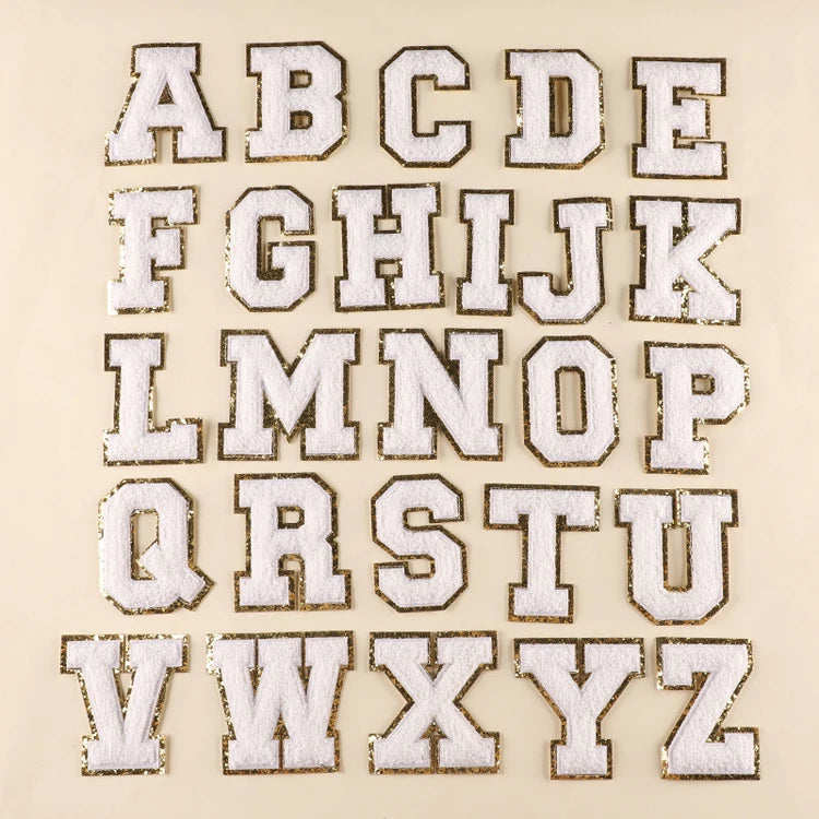 8cm High 8 Colors Chenille Embroidered Alphabet Patches with Glitter A-Z 26 Letter Embroidery Patch