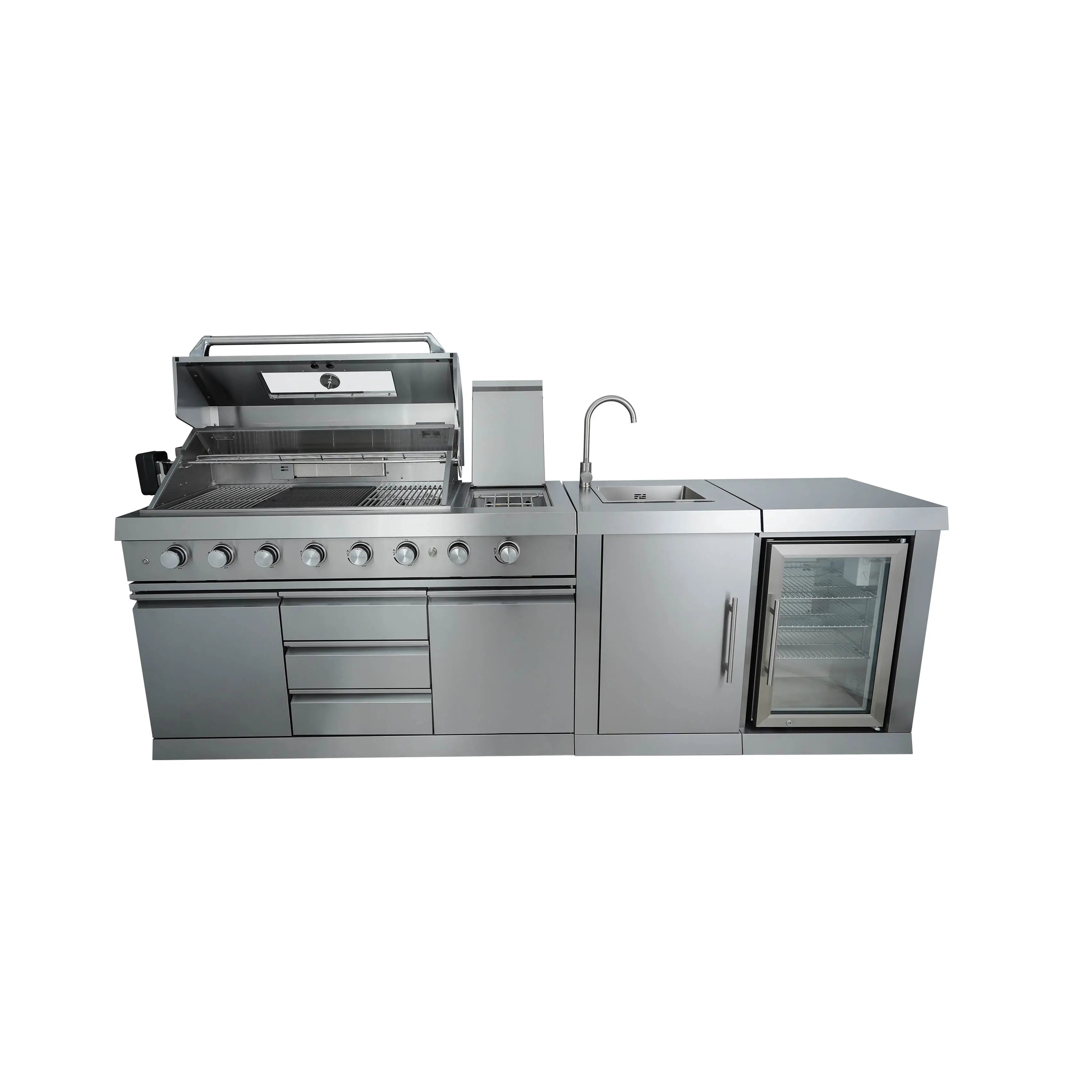 All-in-One Outdoor Stainless Steel Kitchen with BBQ Sink Fridge & Wheels R600a Cooling-for Grilling Enthusiasts