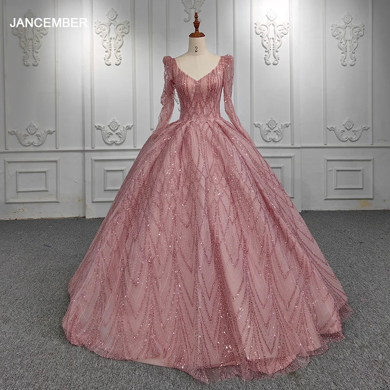 Jancember 5667 Pink Sequins Party Prom Ball Gown Formal Long Sleeve Evening Dresses