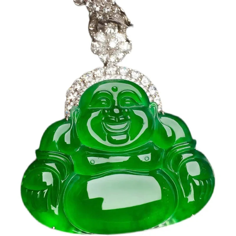 Natural Icy Full Green Feitsui Buddhle Sculpture Male Pendant Myanmar Emperor Green Smiling Buddha Green Jade Buddha Pendant