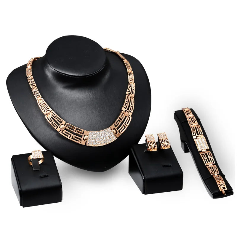 Go Party 4Pcs African Women Fine Jewelry Sets Exquisite Saudi Dubai 18K Gold Plated Full Diamond Bracelet Ring Earring Necklace
