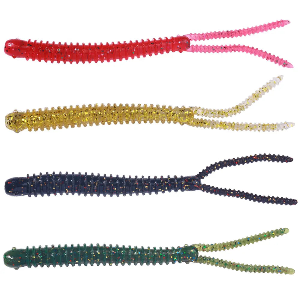 Worm Fishing Lure 12cm 3.2g Plastic Printed Soft Bait Double Tail Trout 3D Eyes with Hooks for River Lake & Stream 6pcs/bag