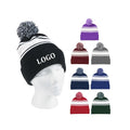 Custom Logo Striped Pom Pom Beanie Cuffed Winter Knit Hat Sports Headwear for Holiday Giveaways