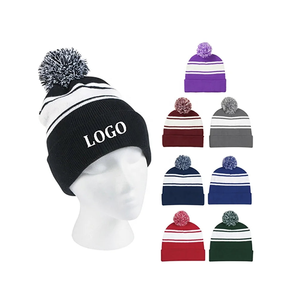 Custom Logo Striped Pom Pom Beanie Cuffed Winter Knit Hat Sports Headwear for Holiday Giveaways