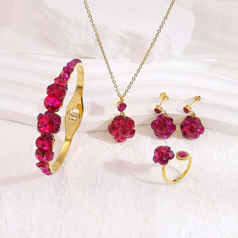 18K Gold Plated Flower Shape Jewelry Set Modern Aesthetics Stainless Steel 4 PCS Necklace Bracelet Earrings Ring Set for Women