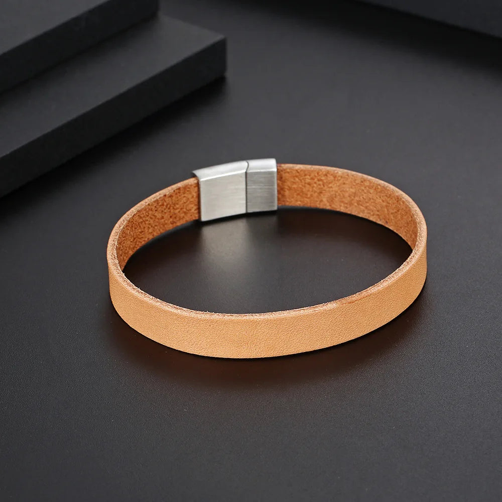 European Hotsale Cowhide Leather Bangle Stainless Steel Magnetic Clasp Genuine Leather Bracelet for Men Jewelry Gift